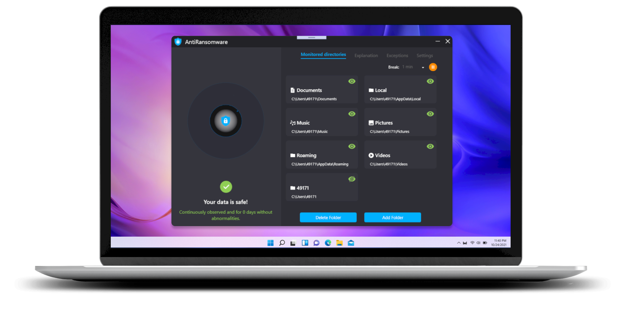 Freely selectable folders for monitoring